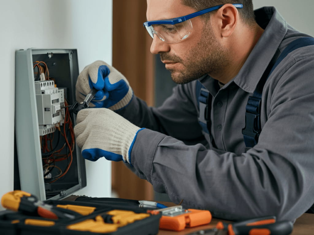 Electrician repairing home wiring in Coboconk, Ontario.